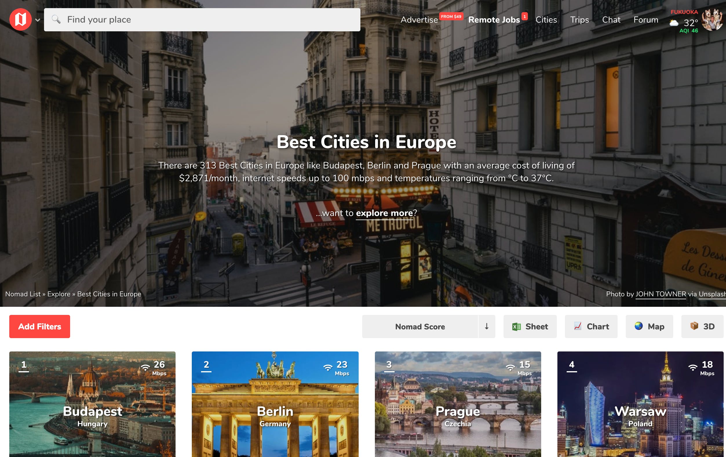 Nomad List – Eine globale Community für Remote Worker & digitale Nomaden | Best Cities Europe